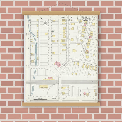 Old map wall art mockup — magnetic wood frame on brick wall — Sanborn Fire Insurance Map from Jeannette, Westmoreland County, Pennsylvania (1895), Sheet #0006