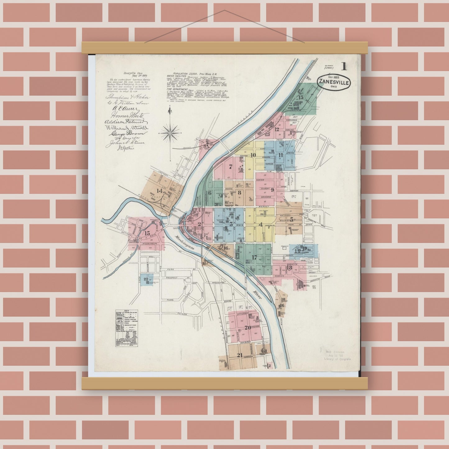 Old map wall art mockup — magnetic wood frame on brick wall — Sanborn Fire Insurance Map from Zanesville, Muskingum County, Ohio (1889), Sheet #0001