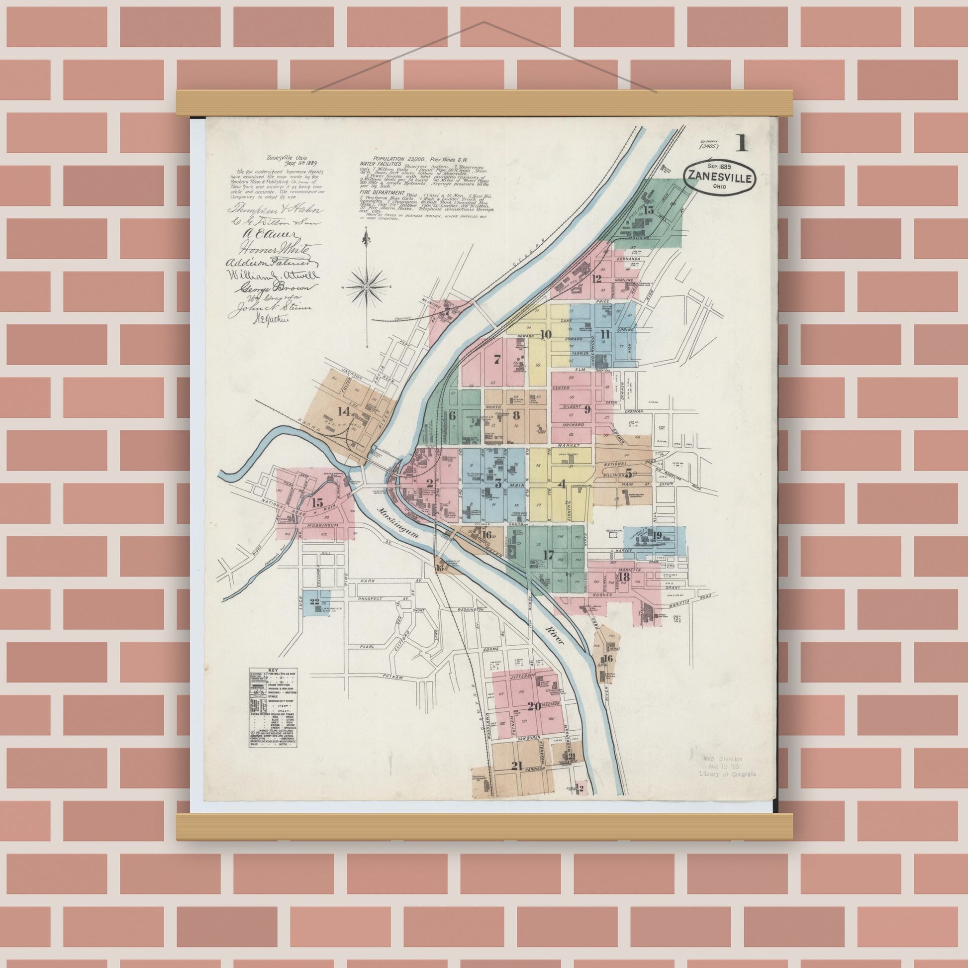 Old map wall art mockup — magnetic wood frame on brick wall — Sanborn Fire Insurance Map from Zanesville, Muskingum County, Ohio (1889), Sheet #0001