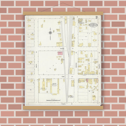 Old map wall art mockup — magnetic wood frame on brick wall — Sanborn Fire Insurance Map from North Branch, Chisago County, Minnesota (1914), Sheet #0002