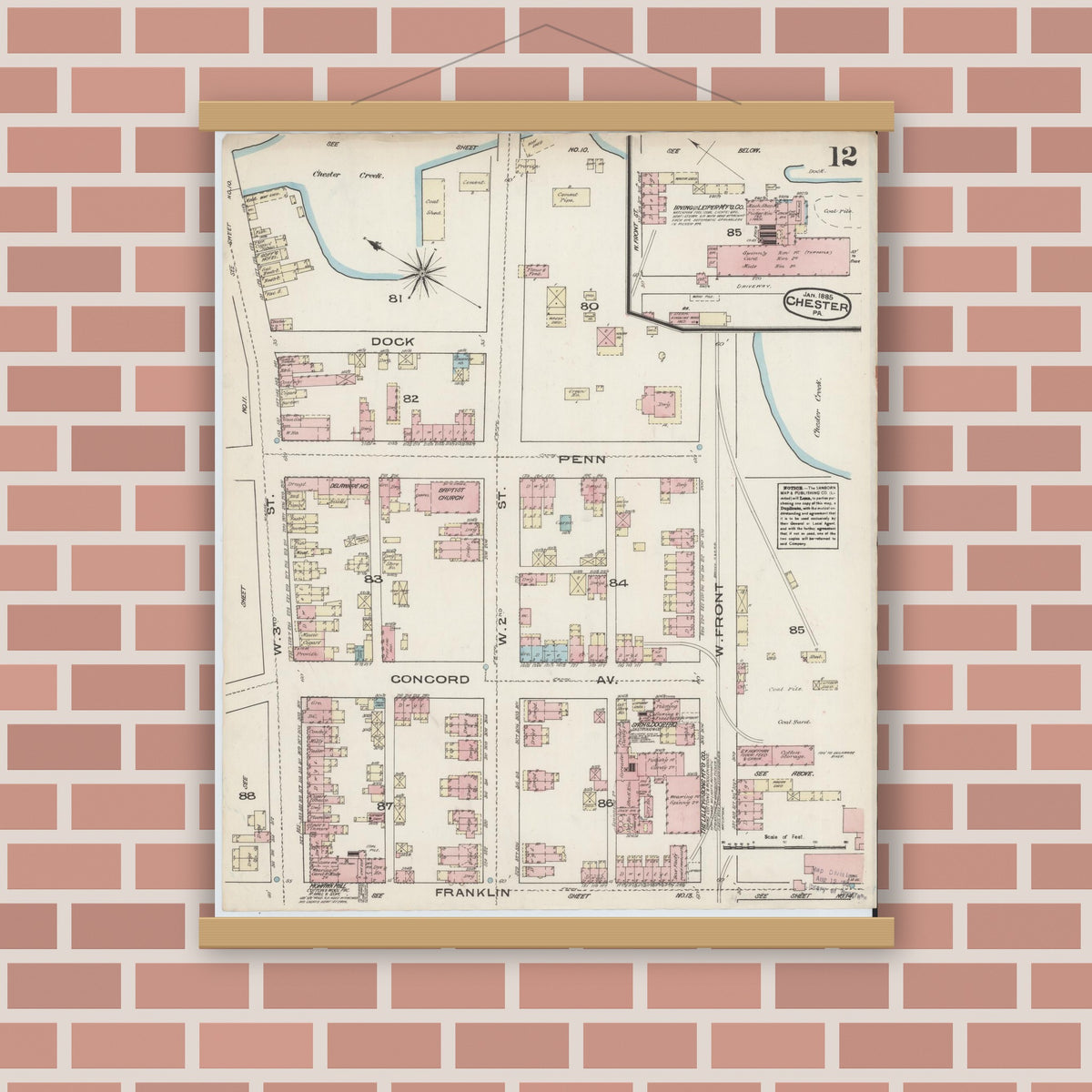 Old map wall art mockup — magnetic wood frame on brick wall — Sanborn Fire Insurance Map from Chester, Delaware County, Pennsylvania (1885), Sheet #0012