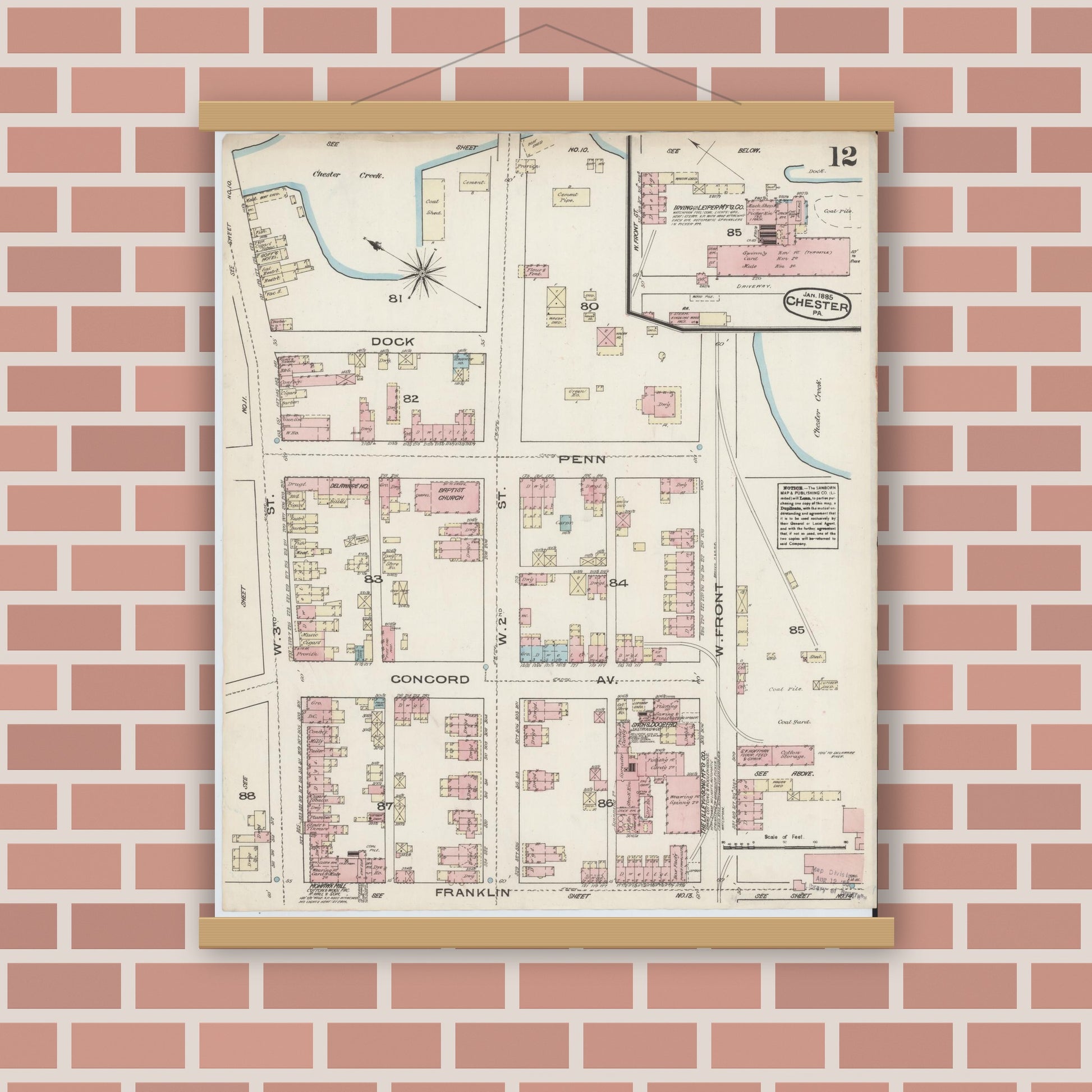 Old map wall art mockup — magnetic wood frame on brick wall — Sanborn Fire Insurance Map from Chester, Delaware County, Pennsylvania (1885), Sheet #0012