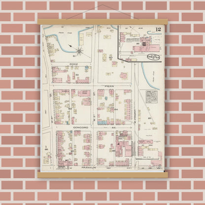 Old map wall art mockup — magnetic wood frame on brick wall — Sanborn Fire Insurance Map from Chester, Delaware County, Pennsylvania (1885), Sheet #0012