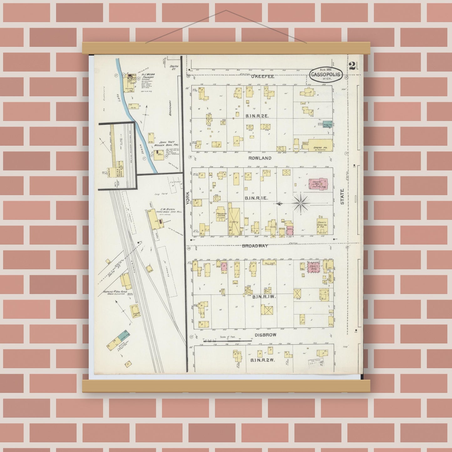 Old map wall art mockup — magnetic wood frame on brick wall — Sanborn Fire Insurance Map from Cassopolis, Cass County, Michigan (1892), Sheet #0002