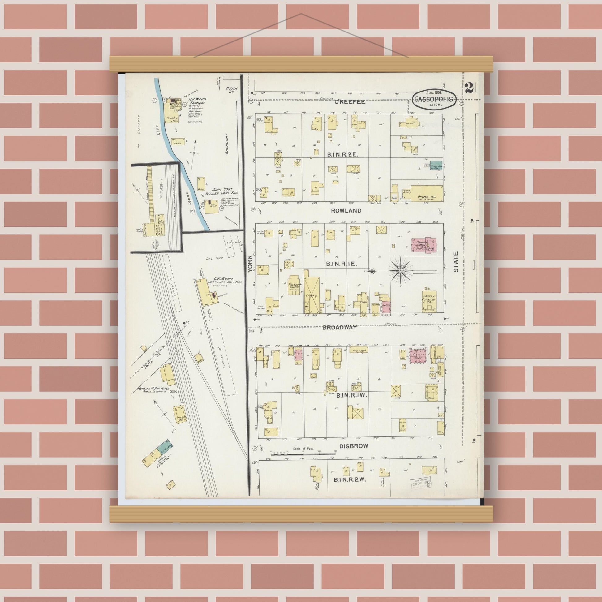 Old map wall art mockup — magnetic wood frame on brick wall — Sanborn Fire Insurance Map from Cassopolis, Cass County, Michigan (1892), Sheet #0002