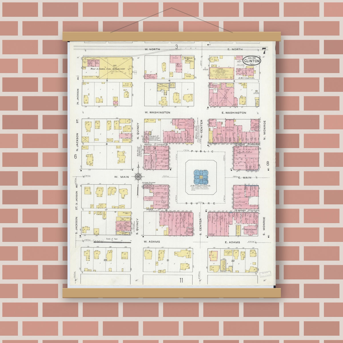 Old map wall art mockup — magnetic wood frame on brick wall — Sanborn Fire Insurance Map from Clinton, De Witt County, Illinois (1916), Sheet #0007