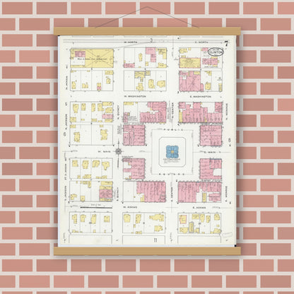 Old map wall art mockup — magnetic wood frame on brick wall — Sanborn Fire Insurance Map from Clinton, De Witt County, Illinois (1916), Sheet #0007