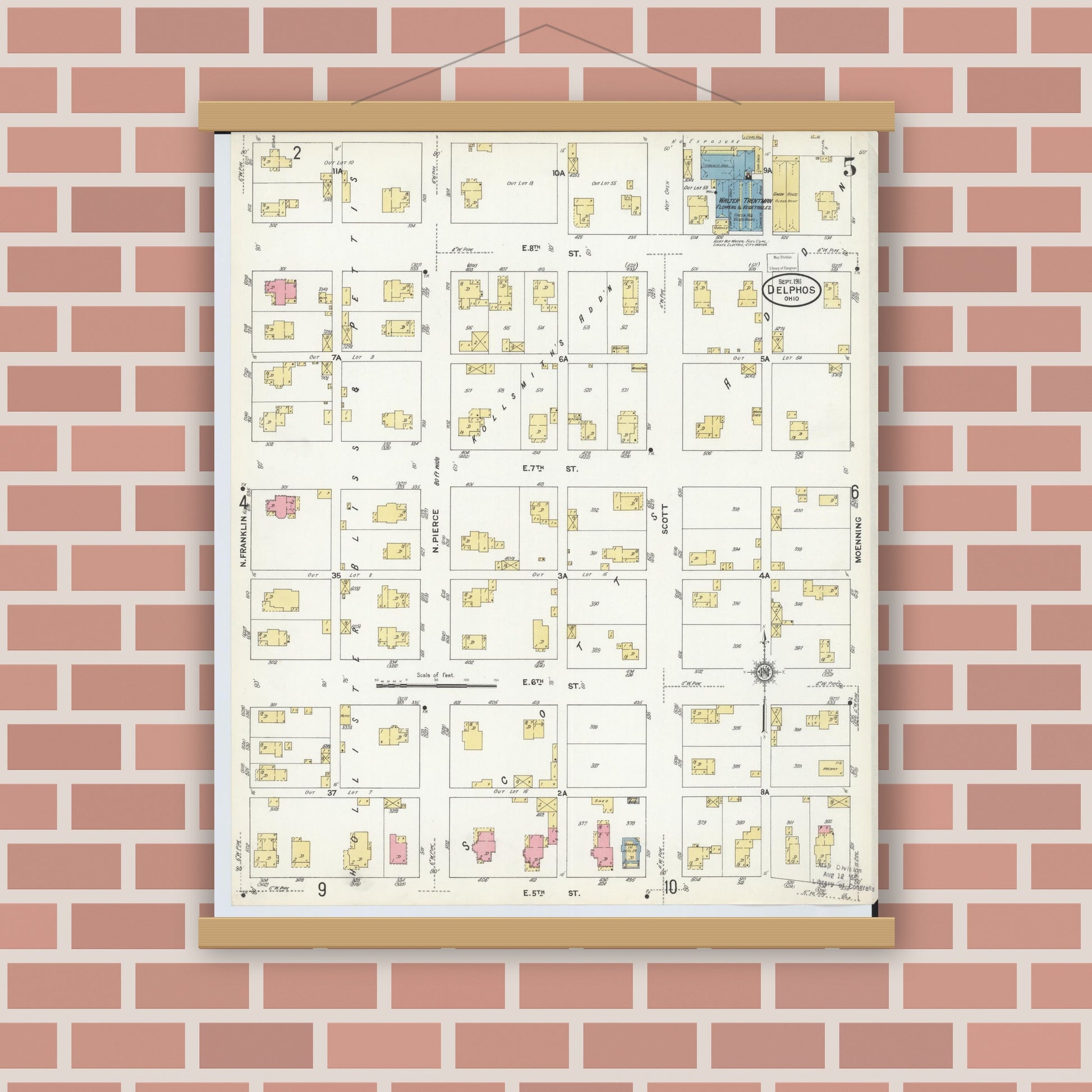 Old map wall art mockup — magnetic wood frame on brick wall — Sanborn Fire Insurance Map from Delphos, Van Wert And Allen Counties, Ohio (1911), Sheet #0005