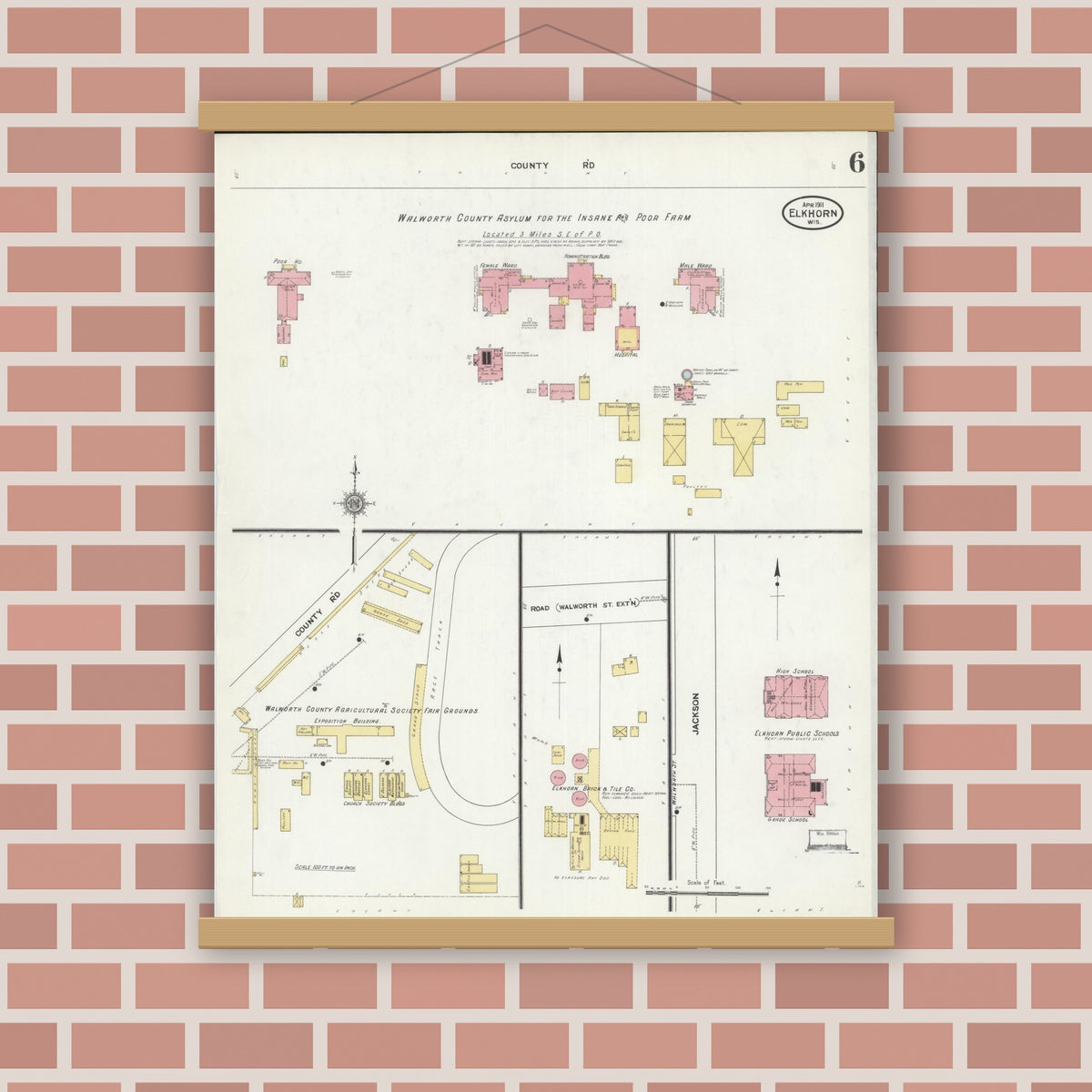 Old map wall art mockup — magnetic wood frame on brick wall — Sanborn Fire Insurance Map from Elkhorn, Walworth County, Wisconsin (1911), Sheet #0006