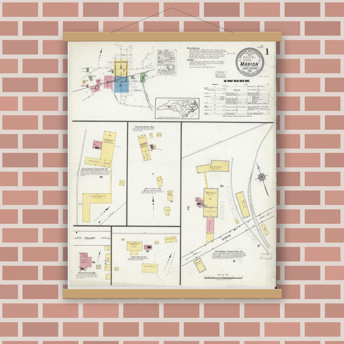 Old map wall art mockup — magnetic wood frame on brick wall — Sanborn Fire Insurance Map from Marion, Mcdowell County, North Carolina (1918) - Complete Map Set