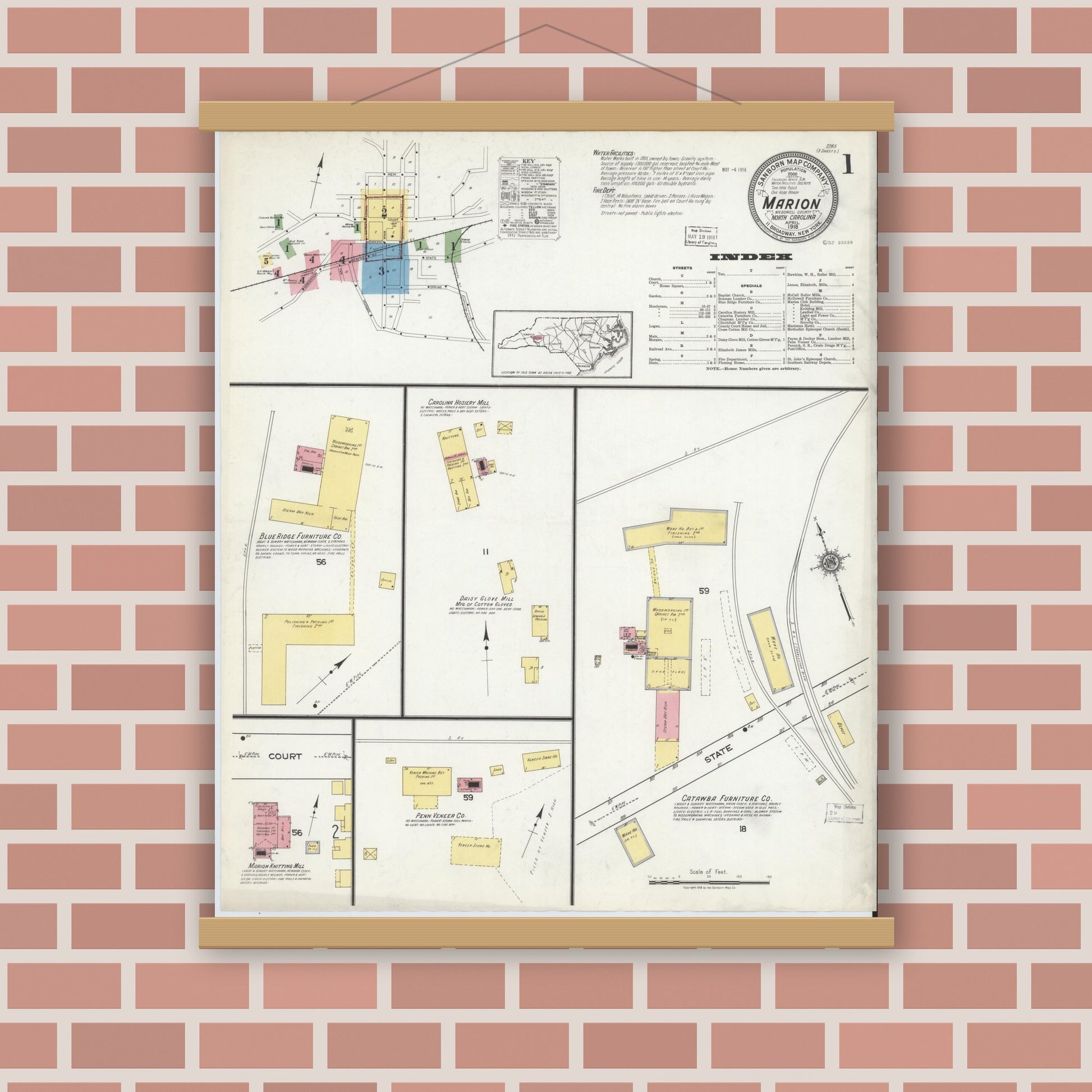 Old map wall art mockup — magnetic wood frame on brick wall — Sanborn Fire Insurance Map from Marion, Mcdowell County, North Carolina (1918) - Complete Map Set