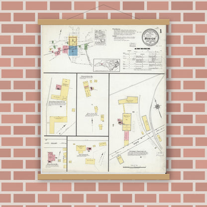Old map wall art mockup — magnetic wood frame on brick wall — Sanborn Fire Insurance Map from Marion, Mcdowell County, North Carolina (1918) - Complete Map Set