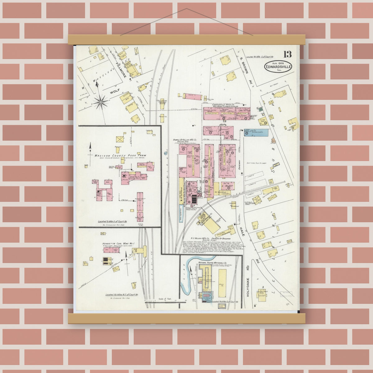 Old map wall art mockup — magnetic wood frame on brick wall — Sanborn Fire Insurance Map from Edwardsville, Madison County, Illinois (1909), Sheet #0013