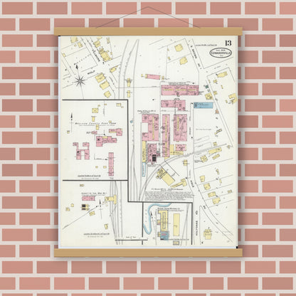 Old map wall art mockup — magnetic wood frame on brick wall — Sanborn Fire Insurance Map from Edwardsville, Madison County, Illinois (1909), Sheet #0013