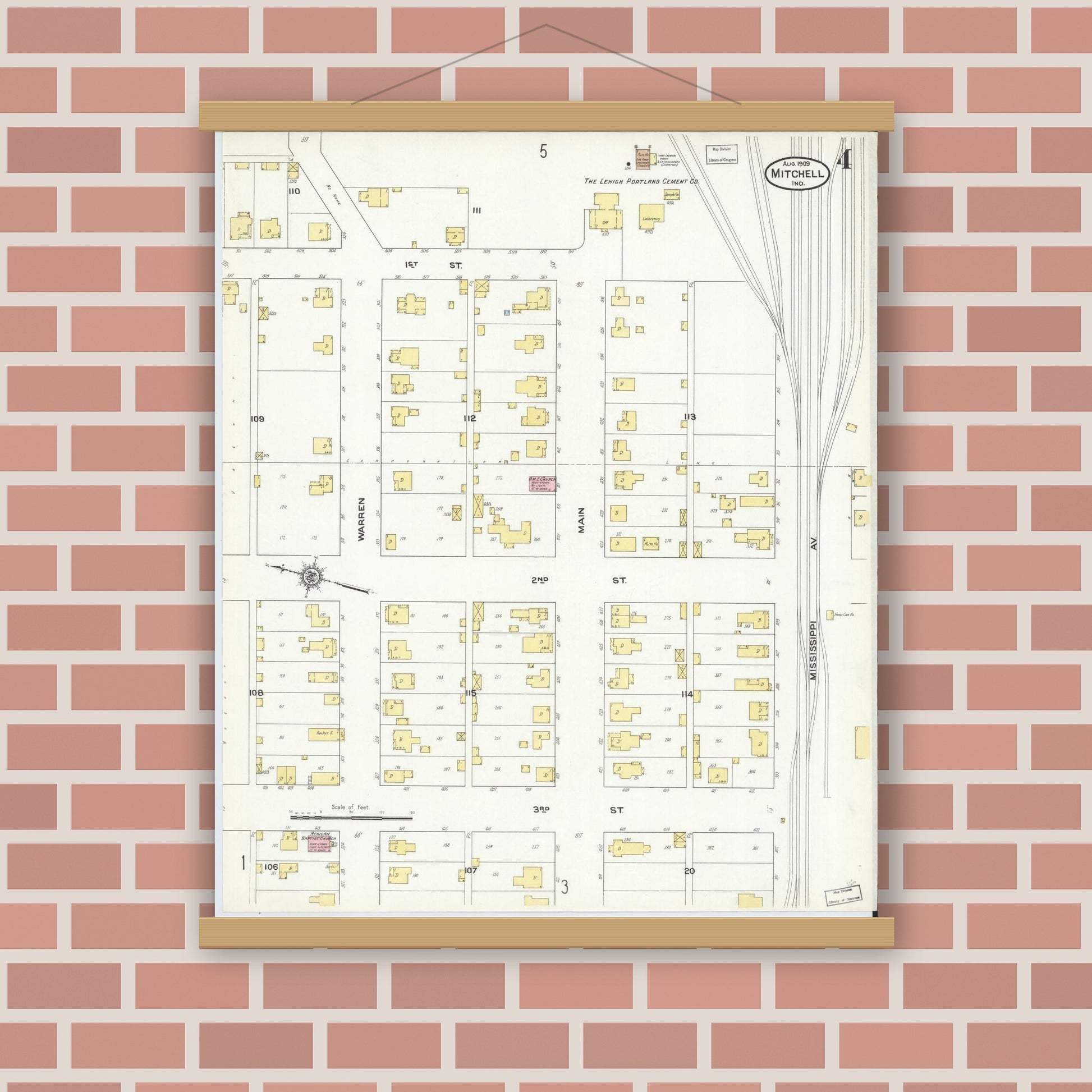 Old map wall art mockup — magnetic wood frame on brick wall — Sanborn Fire Insurance Map from Mitchell, Lawrence County, Indiana (1909), Sheet #0004