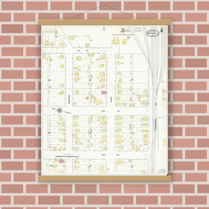 Old map wall art mockup — magnetic wood frame on brick wall — Sanborn Fire Insurance Map from Mitchell, Lawrence County, Indiana (1909), Sheet #0004