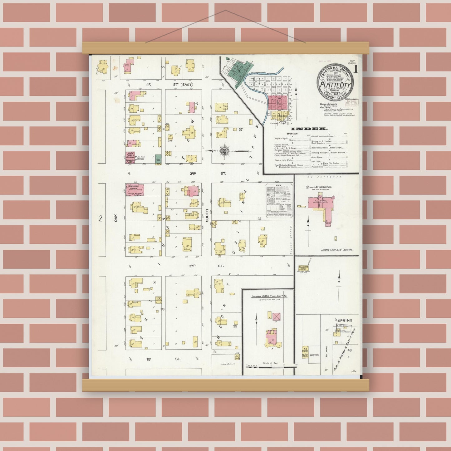 Old map wall art mockup — magnetic wood frame on brick wall — Sanborn Fire Insurance Map from Platte City, Platte County, Missouri (1909), Sheet #0001