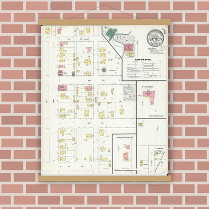 Old map wall art mockup — magnetic wood frame on brick wall — Sanborn Fire Insurance Map from Platte City, Platte County, Missouri (1909), Sheet #0001
