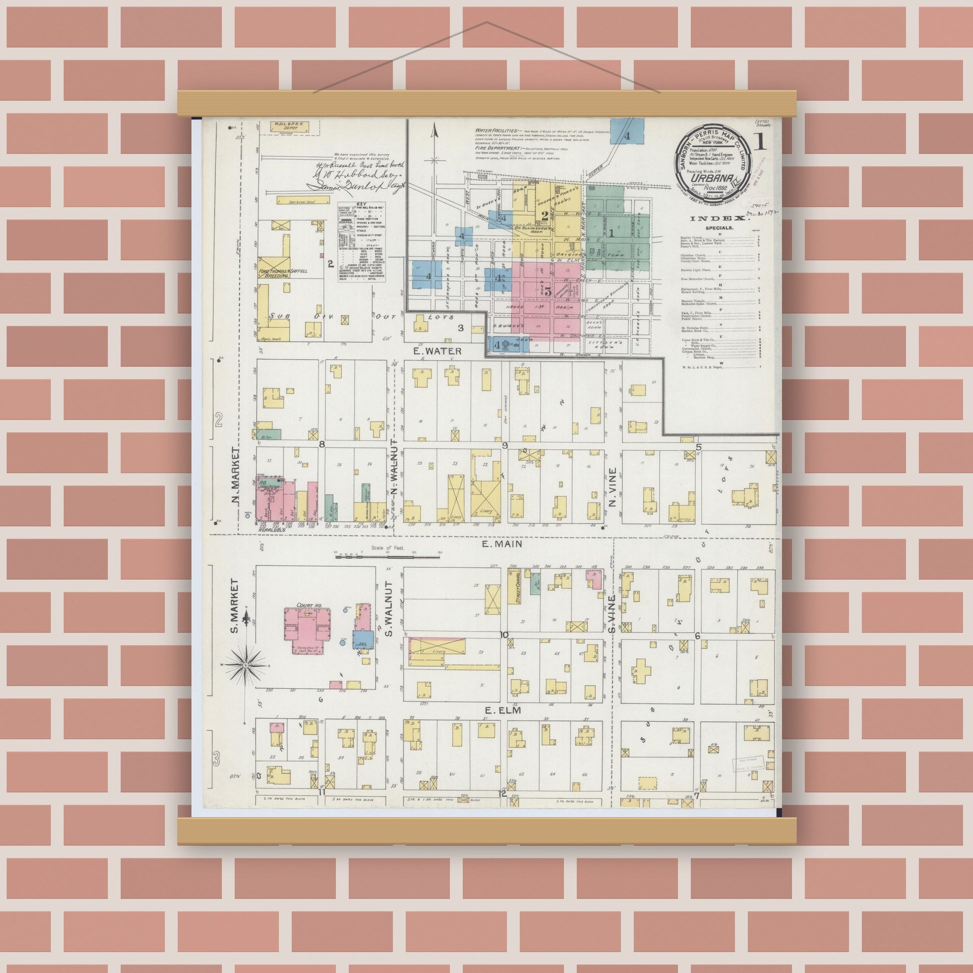 Old map wall art mockup — magnetic wood frame on brick wall — Sanborn Fire Insurance Map from Urbana, Champaign County, Illinois (1892), Sheet #0001