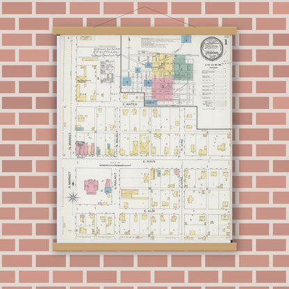 Old map wall art mockup — magnetic wood frame on brick wall — Sanborn Fire Insurance Map from Urbana, Champaign County, Illinois (1892), Sheet #0001