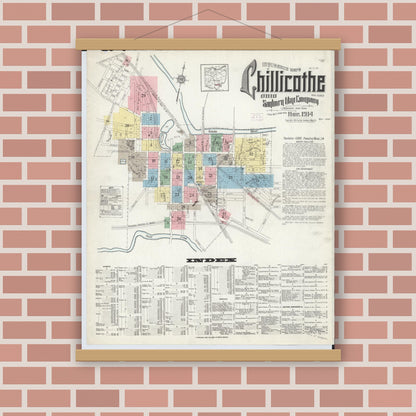 Old map wall art mockup — magnetic wood frame on brick wall — Sanborn Fire Insurance Map from Chillicothe, Ross County, Ohio (1914) - Complete Map Set