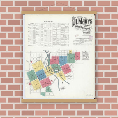 Old map wall art mockup — magnetic wood frame on brick wall — Sanborn Fire Insurance Map from Saint Marys, Auglaize County, Ohio (1907), Sheet #0001
