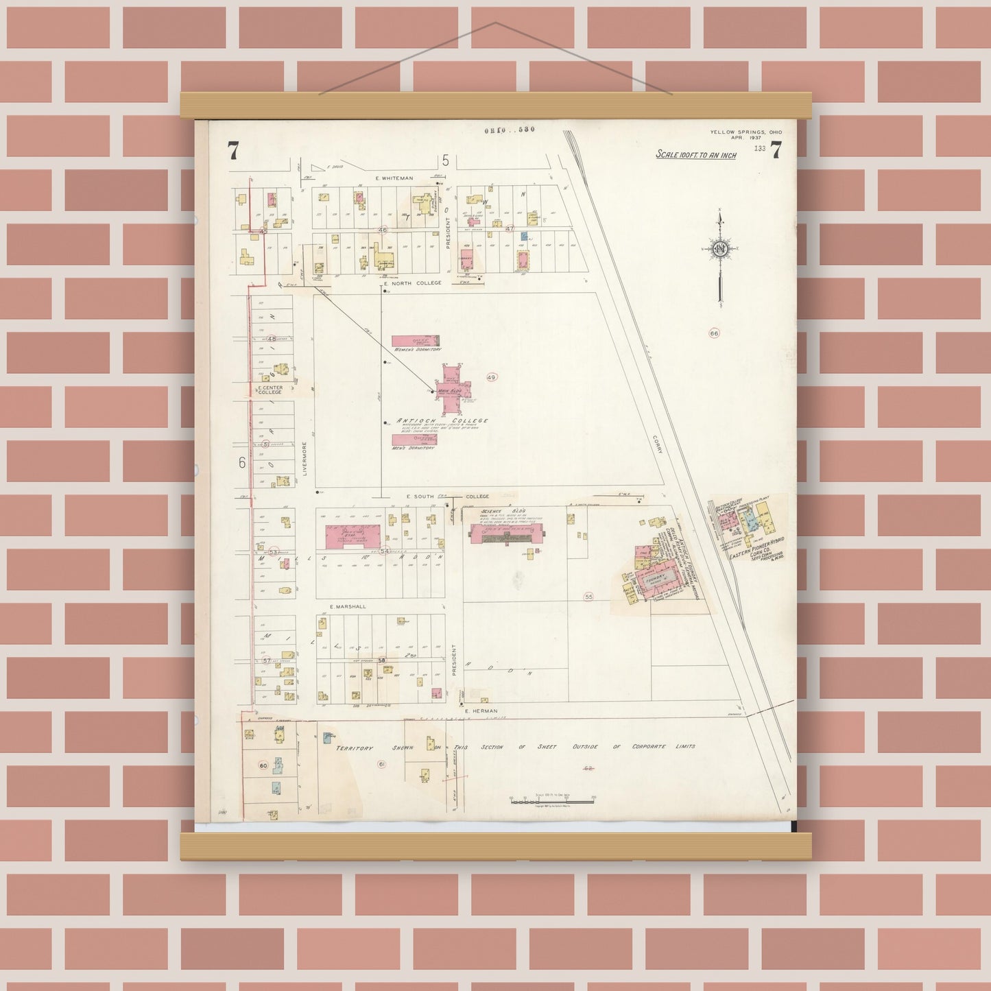 Old map wall art mockup — magnetic wood frame on brick wall — Sanborn Fire Insurance Map from Yellow Springs, Greene County, Ohio (1945), Sheet #0007