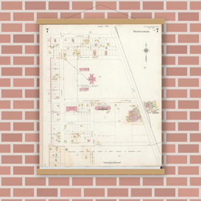 Old map wall art mockup — magnetic wood frame on brick wall — Sanborn Fire Insurance Map from Yellow Springs, Greene County, Ohio (1945), Sheet #0007