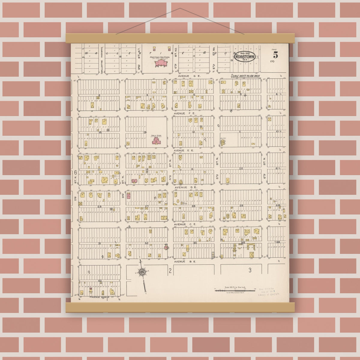 Old map wall art mockup — magnetic wood frame on brick wall — Sanborn Fire Insurance Map from Robstown, Nueces County, Texas (1922), Sheet #0005