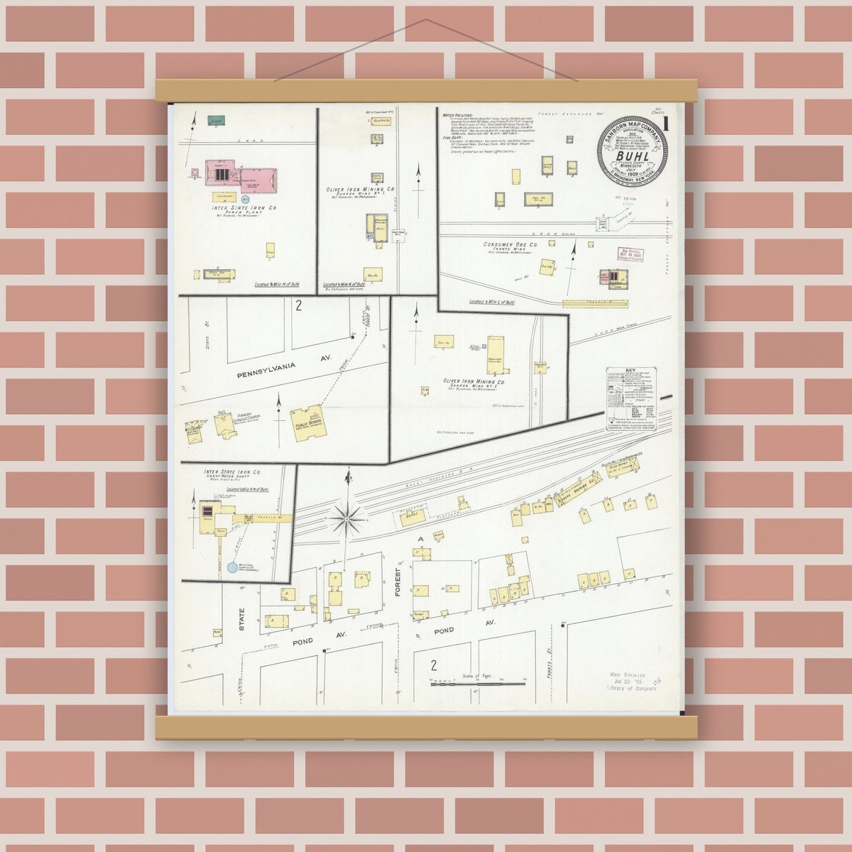 Old map wall art mockup — magnetic wood frame on brick wall — Sanborn Fire Insurance Map from Buhl, Saint Louis County, Minnesota (1909) - Complete Map Set