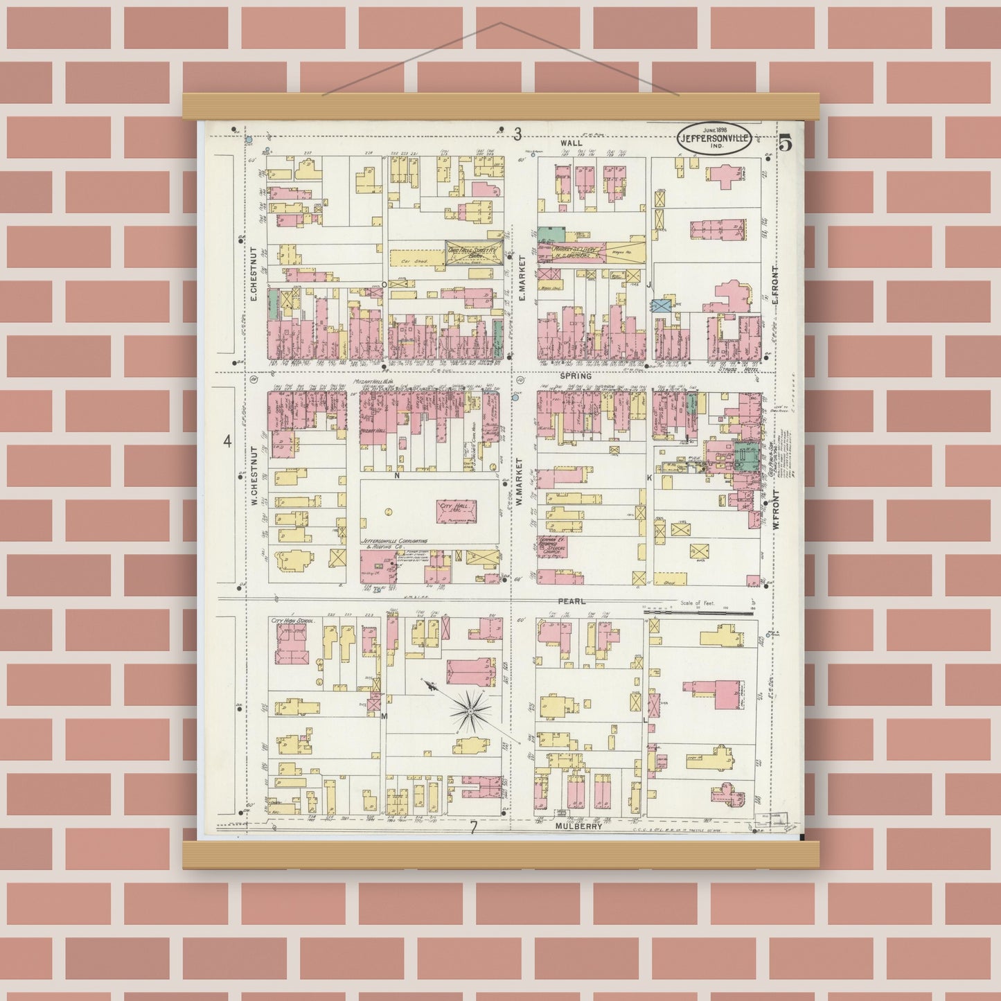 Old map wall art mockup — magnetic wood frame on brick wall — Sanborn Fire Insurance Map from Jeffersonville, Clark County, Indiana (1898), Sheet #0005