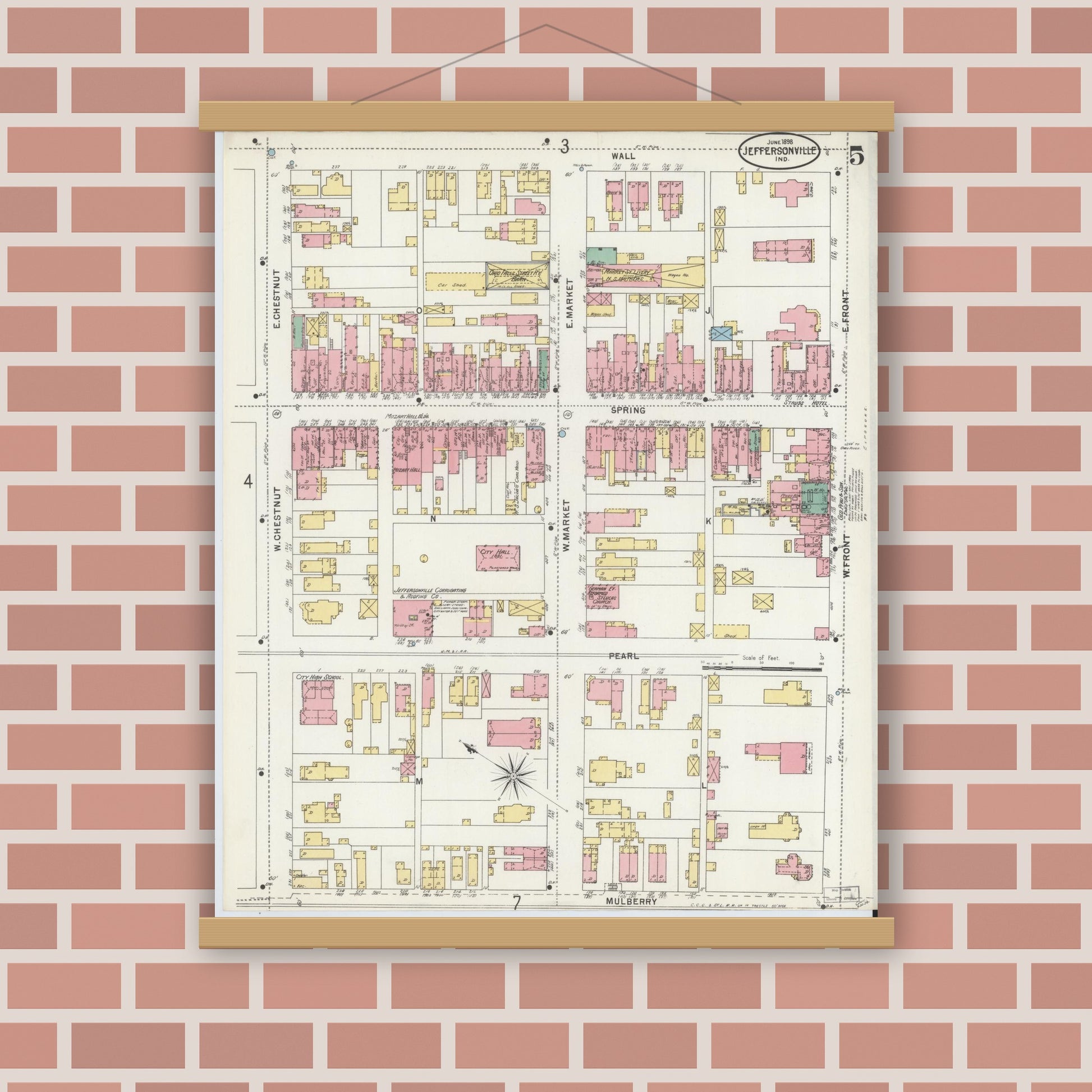 Old map wall art mockup — magnetic wood frame on brick wall — Sanborn Fire Insurance Map from Jeffersonville, Clark County, Indiana (1898), Sheet #0005