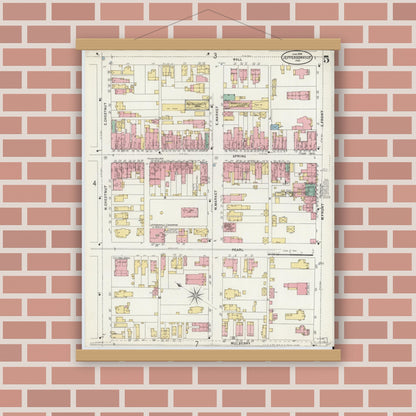 Old map wall art mockup — magnetic wood frame on brick wall — Sanborn Fire Insurance Map from Jeffersonville, Clark County, Indiana (1898), Sheet #0005