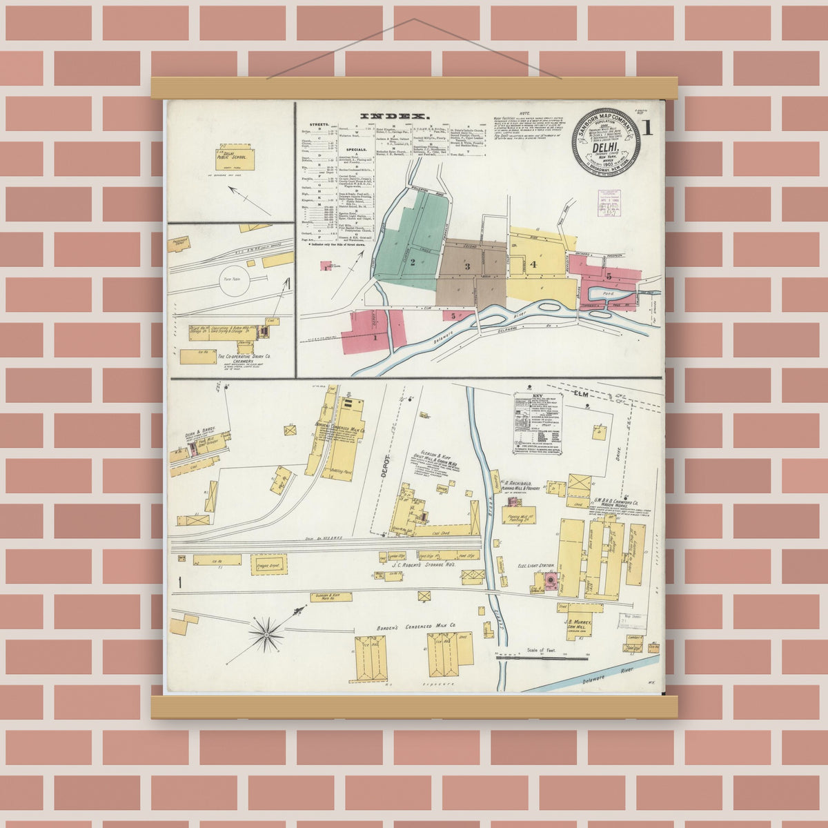 Old map wall art mockup — magnetic wood frame on brick wall — Sanborn Fire Insurance Map from Delhi, Delaware County, New York (1903) - Complete Map Set