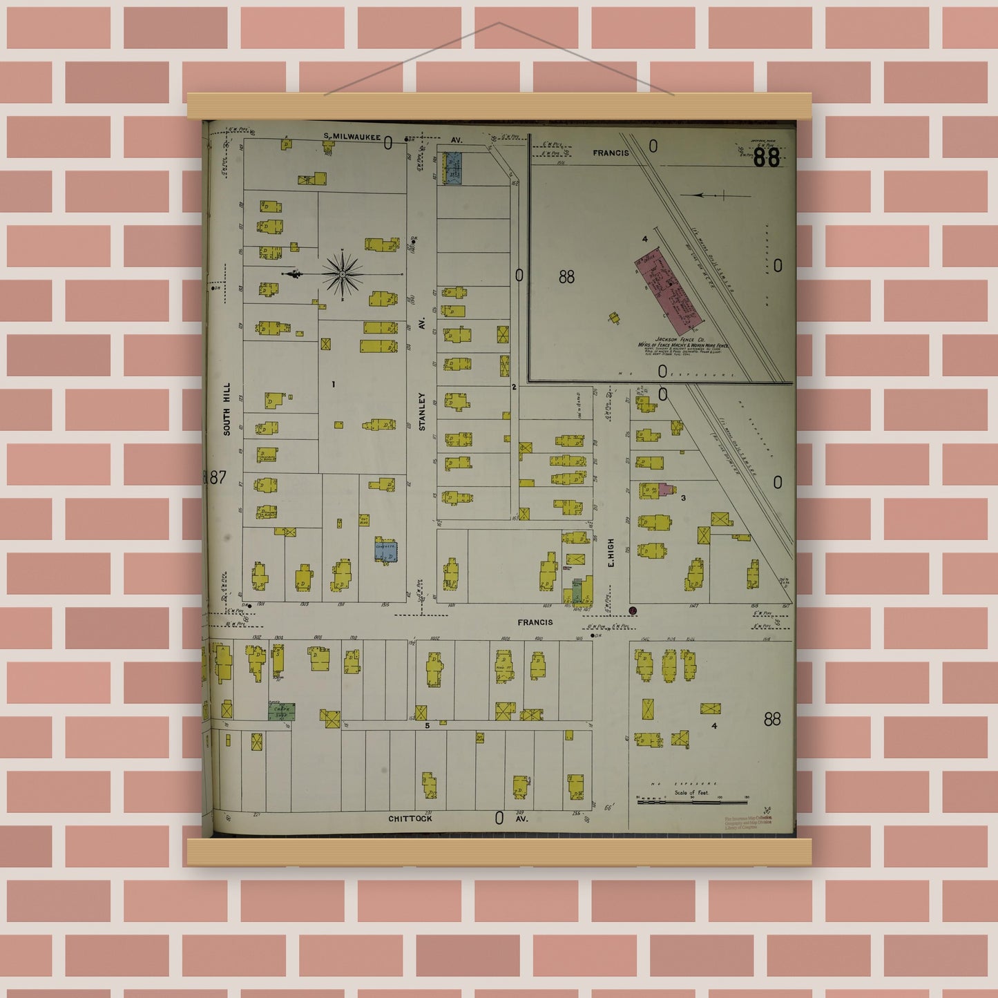 Old map wall art mockup — magnetic wood frame on brick wall — Sanborn Fire Insurance Map from Jackson, Jackson County, Michigan (1907), Sheet #0088