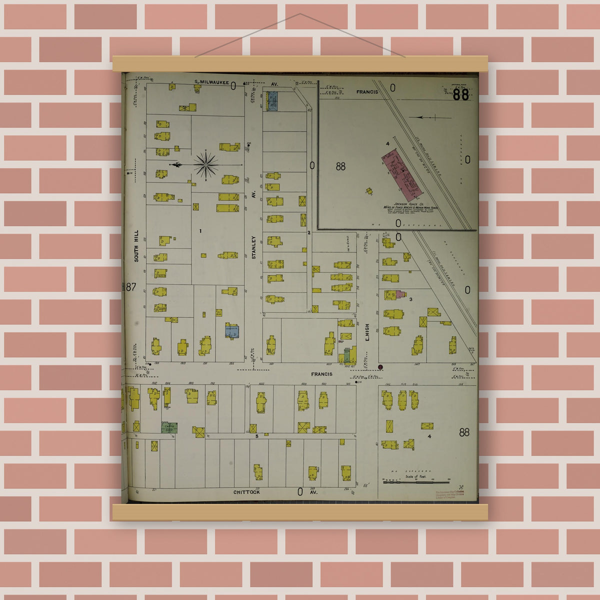 Old map wall art mockup — magnetic wood frame on brick wall — Sanborn Fire Insurance Map from Jackson, Jackson County, Michigan (1907), Sheet #0088