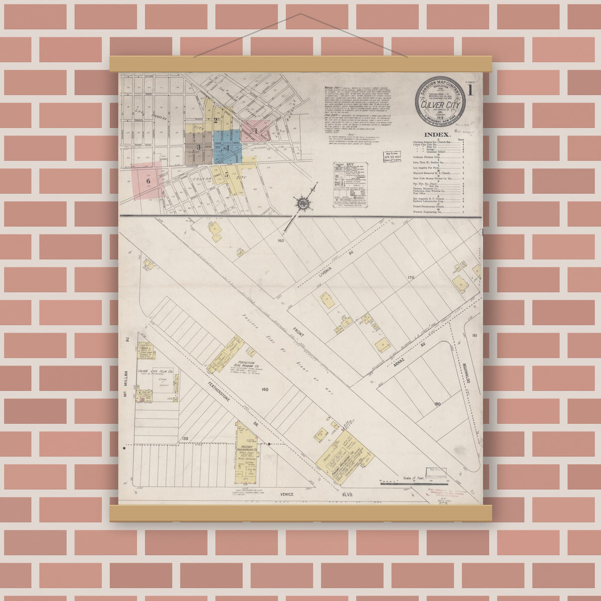Old map wall art mockup — magnetic wood frame on brick wall — Sanborn Fire Insurance Map from Culver City, Los Angeles County, California (1919), Sheet #0001
