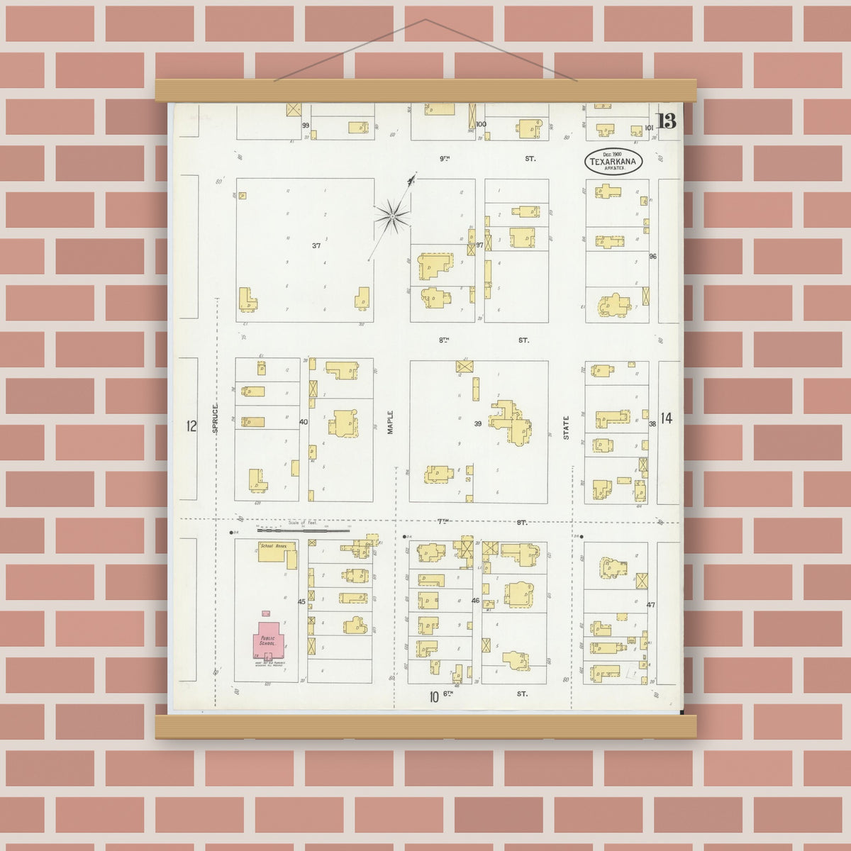 Old map wall art mockup — magnetic wood frame on brick wall — Sanborn Fire Insurance Map from Texarkana, Bowie County, Texas (1900), Sheet #0013