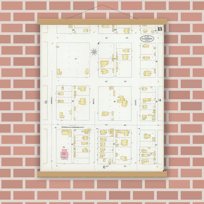 Old map wall art mockup — magnetic wood frame on brick wall — Sanborn Fire Insurance Map from Texarkana, Bowie County, Texas (1900), Sheet #0013