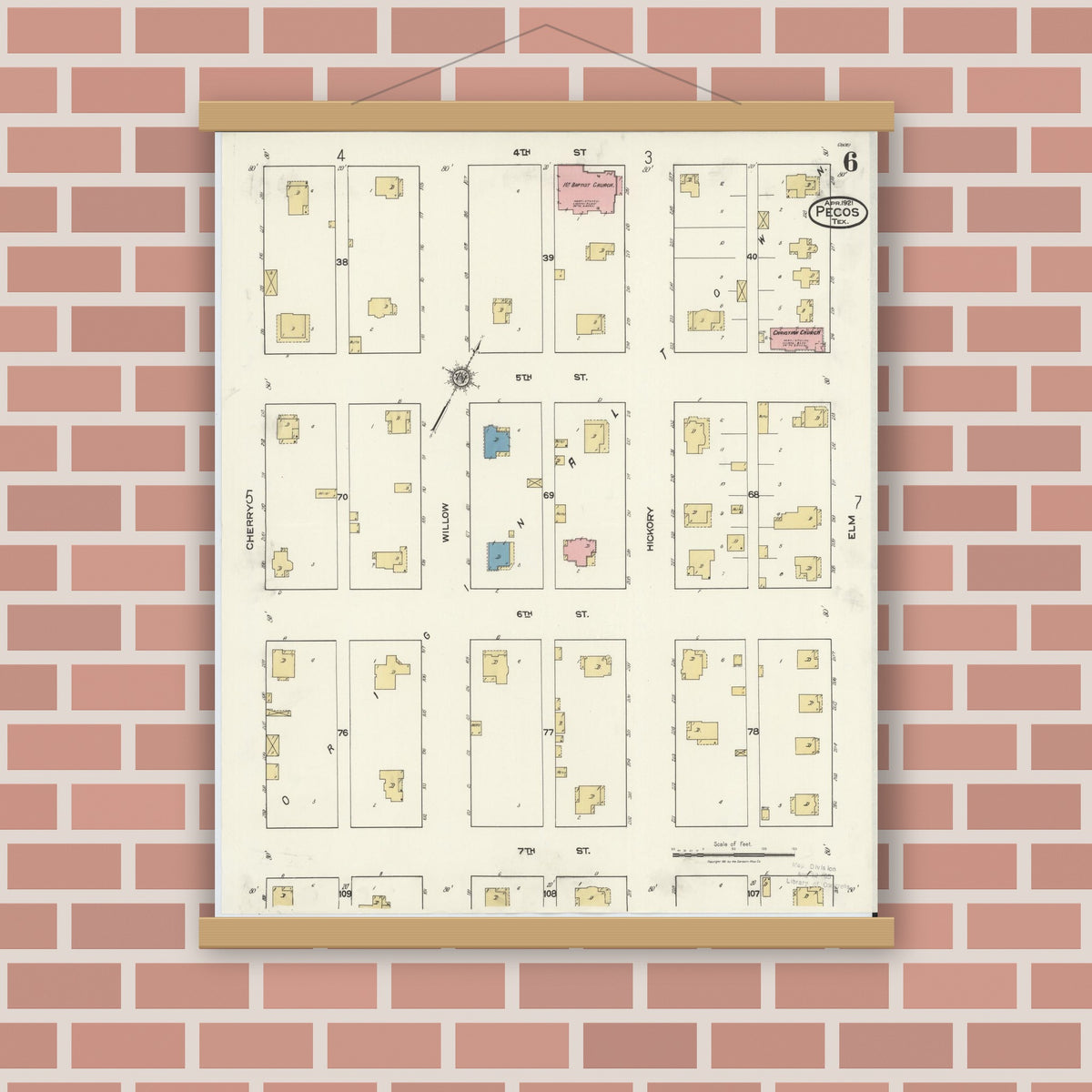 Old map wall art mockup — magnetic wood frame on brick wall — Sanborn Fire Insurance Map from Pecos, Reeves County, Texas (1921), Sheet #0006