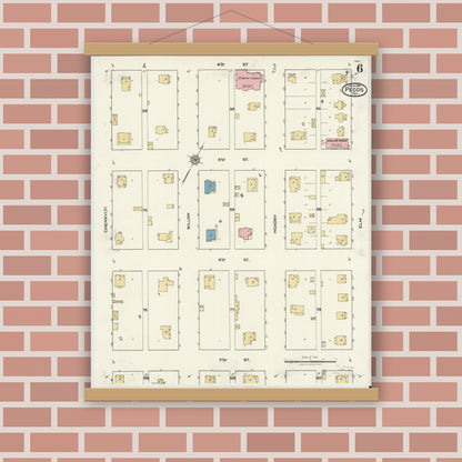 Old map wall art mockup — magnetic wood frame on brick wall — Sanborn Fire Insurance Map from Pecos, Reeves County, Texas (1921), Sheet #0006