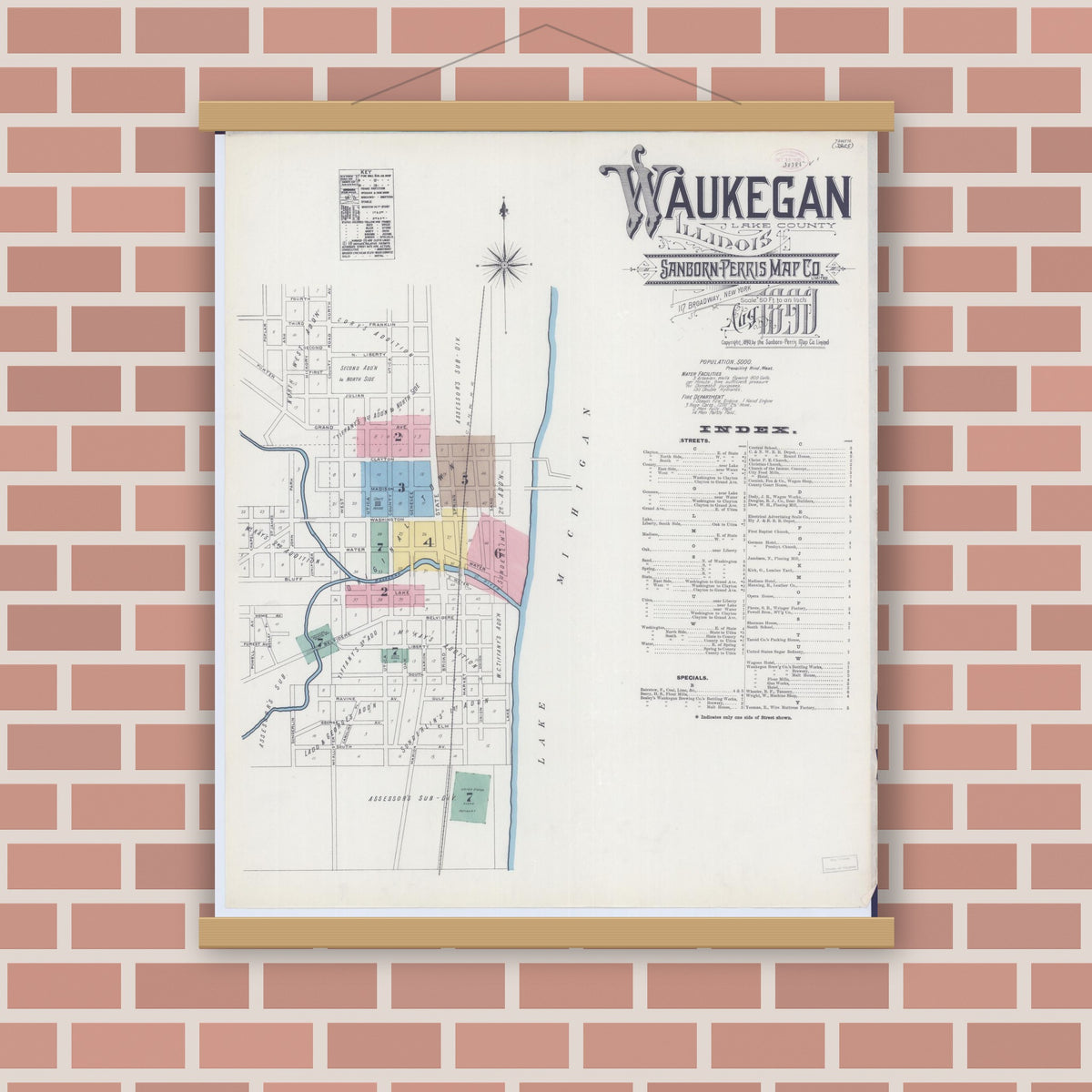 Old map wall art mockup — magnetic wood frame on brick wall — Sanborn Fire Insurance Map from Waukegan, Lake County, Illinois (1890), Sheet #0001