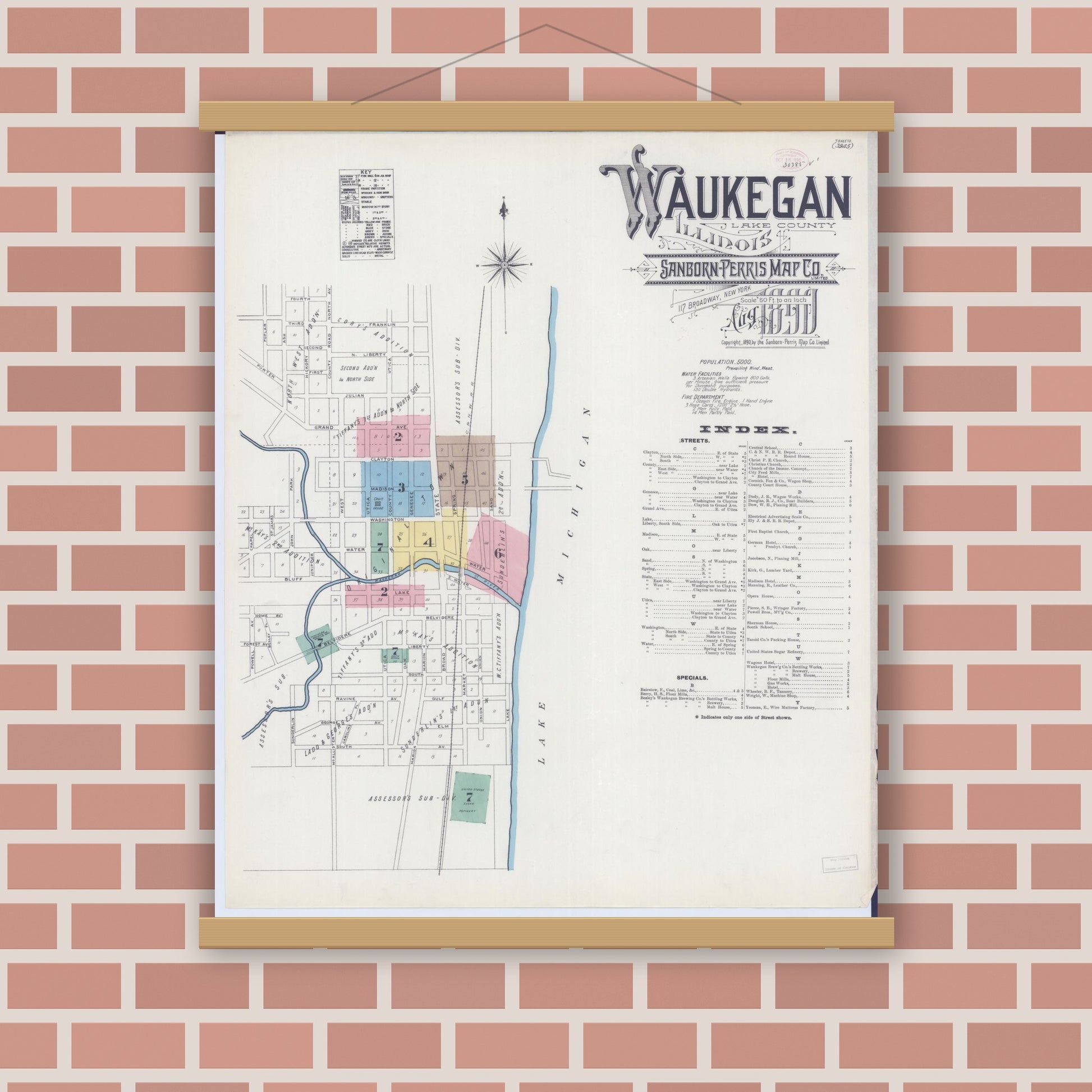 Old map wall art mockup — magnetic wood frame on brick wall — Sanborn Fire Insurance Map from Waukegan, Lake County, Illinois (1890), Sheet #0001