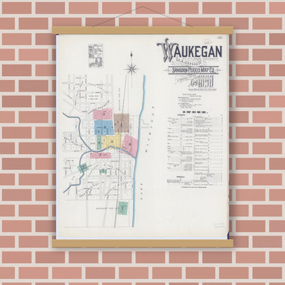 Old map wall art mockup — magnetic wood frame on brick wall — Sanborn Fire Insurance Map from Waukegan, Lake County, Illinois (1890), Sheet #0001