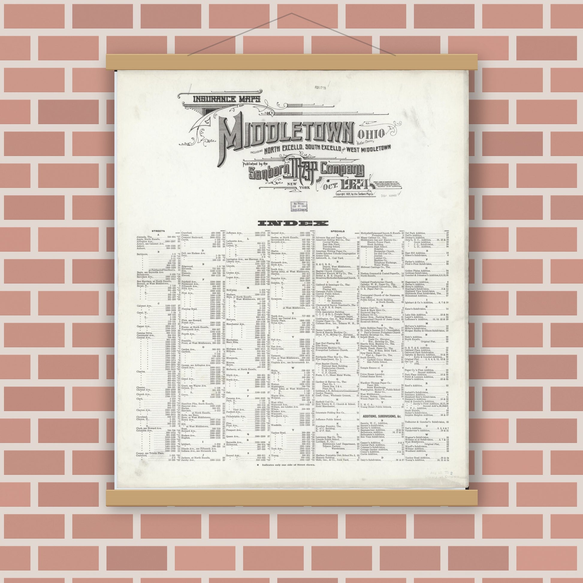 Old map wall art mockup — magnetic wood frame on brick wall — Sanborn Fire Insurance Map from Middletown, Butler County, Ohio (1924), Sheet #0001