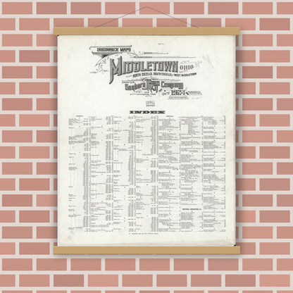 Old map wall art mockup — magnetic wood frame on brick wall — Sanborn Fire Insurance Map from Middletown, Butler County, Ohio (1924), Sheet #0001