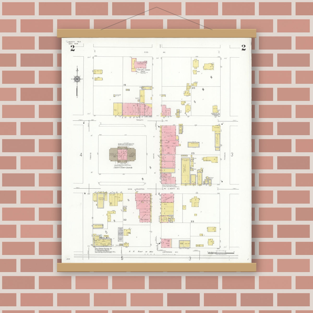 Old map wall art mockup — magnetic wood frame on brick wall — Sanborn Fire Insurance Map from Liberty, Liberty County, Texas (1938), Sheet #0002