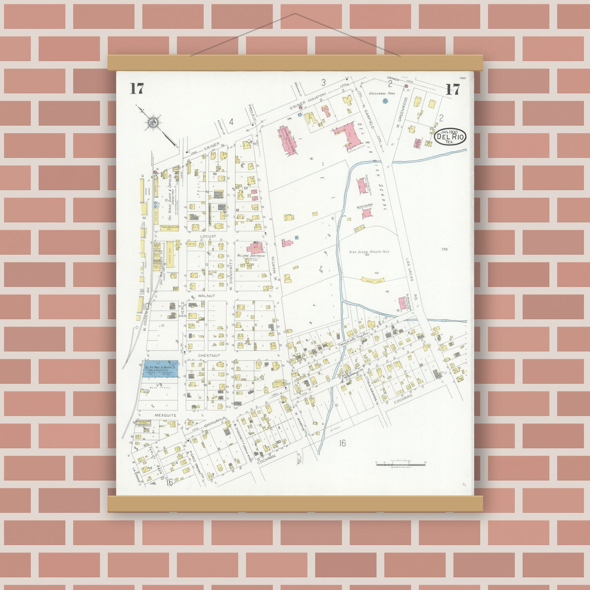 Old map wall art mockup — magnetic wood frame on brick wall — Sanborn Fire Insurance Map from Del Rio, Val Verde County, Texas (1930), Sheet #0017