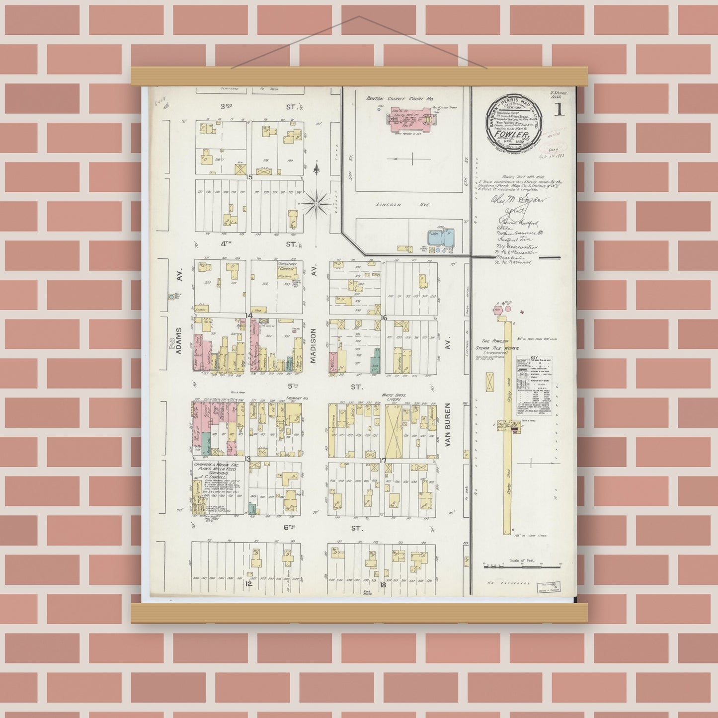 Old map wall art mockup — magnetic wood frame on brick wall — Sanborn Fire Insurance Map from Fowler, Benton County, Indiana (1892) - Complete Map Set