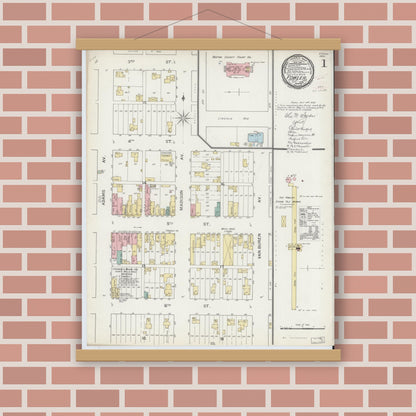 Old map wall art mockup — magnetic wood frame on brick wall — Sanborn Fire Insurance Map from Fowler, Benton County, Indiana (1892) - Complete Map Set